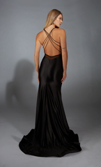 Satin V-neck slim fit evening gown trumpet shaped backless long formal dress
