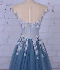 Unique round neck applique tulle long prom dress, tulle evening dress