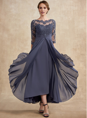 Jimiss A-line hollow illusion asymmetrical lace chiffon belt with layered ruffles mother of the bride dress