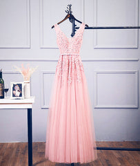 Pink v neck tulle lace applique long prom dress, pink bridesmaid dress