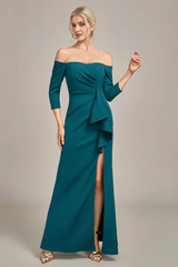 Fishtail pattern dark green off shoulder layered ruffle edge bridal mother dress