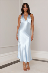 Jimiss straight tube deep V-neck satin backless tie long Prom dress