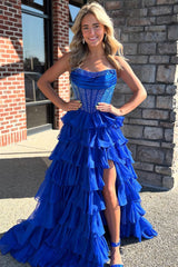 Ball Gown Strapless Royal Blue Ruffle Tiered Chiffon Long Prom Dresses