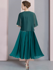 Two Piece A-Line Mother of the Bride Dress Formal Wedding Guest Elegant V Neck Chiffon Lace Short Sleeve Wrap Included with Sequin Appliques