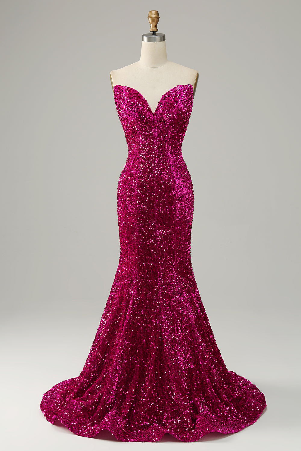 Fuchsia Sweetheart Neck Sequined Mermaid Prom Dress With Sweep Train Sparkly