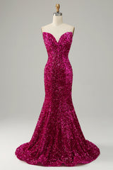Fuchsia Sweetheart Neck Sequined Mermaid Prom Dress With Sweep Train Sparkly