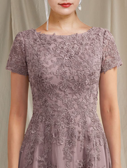 A-Line Mother of the Bride Dress Elegant Lace Tulle Short Sleeve with Appliques