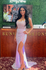 Mermaid Strapless Lilac Sequins Long Prom Dresses