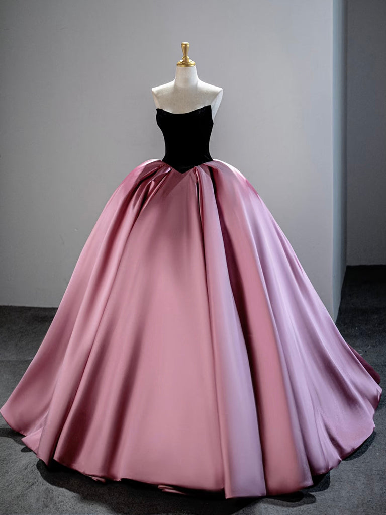 A-Line Pink/Black  Satin Long Prom Dress, Pink/Black Long Evening Dress