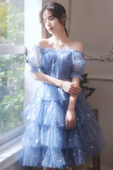 Blue Tulle Short A-Line Prom Dresses, Blue Mini Party Dresses