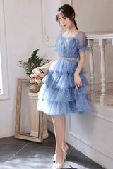 Blue Tulle Short A-Line Prom Dresses, Blue Mini Party Dresses