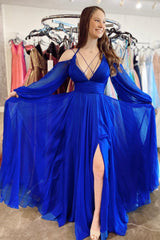 Blue Chiffon Long Sleeve Prom Dresses, A-Line Evening Dresses