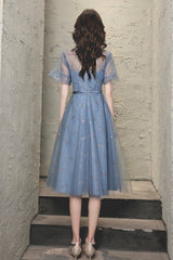 Blue Tulle Lace Short Prom Dresses, A-Line Homecoming Dresses