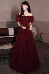 Burgundy Tulle Long Prom Dresses, A-Line Evening Dresses