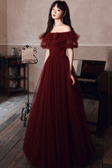 Burgundy Tulle Long Prom Dresses, A-Line Evening Dresses