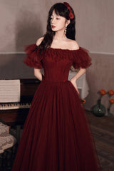 Burgundy Tulle Long Prom Dresses, A-Line Evening Dresses