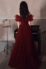 Burgundy Tulle Long Prom Dresses, A-Line Evening Dresses