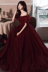 Burgundy Tulle Long Prom Dresses, A-Line Evening Dresses