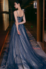 Blue Spaghetti Strap Long Prom Dresses, Blue A-Line Graduation Dresses