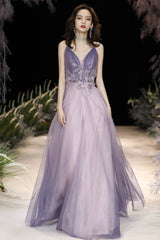 Purple V-Neck Tulle Long Prom Dresses, A-Line Evening Dresses