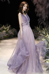 Purple V-Neck Tulle Long Prom Dresses, A-Line Evening Dresses