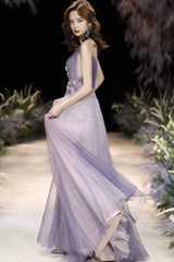 Purple V-Neck Tulle Long Prom Dresses, A-Line Evening Dresses