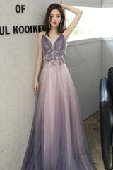 Purple V-Neck Tulle Long Prom Dresses, A-Line Evening Dresses