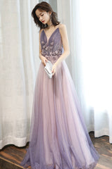 Purple V-Neck Tulle Long Prom Dresses, A-Line Evening Dresses