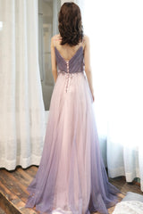 Purple V-Neck Tulle Long Prom Dresses, A-Line Evening Dresses