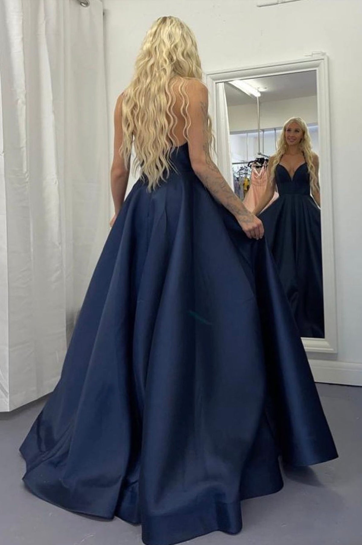 Blue V-Neck Satin Long Prom Dresses, A-Line Backless Evening Dresses