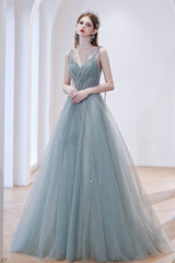 A-Line Tulle Long Prom Dress, Lovely V-Neck Formal Dress