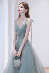 A-Line Tulle Long Prom Dress, Lovely V-Neck Formal Dress