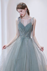 A-Line Tulle Long Prom Dress, Lovely V-Neck Formal Dress