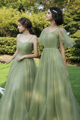 Green Tulle Long Prom Dresses, A-Line Evening Dresses