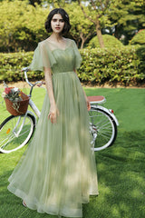 Green Tulle Long Prom Dresses, A-Line Evening Dresses