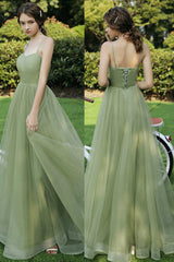 Green Tulle Long Prom Dresses, A-Line Evening Dresses