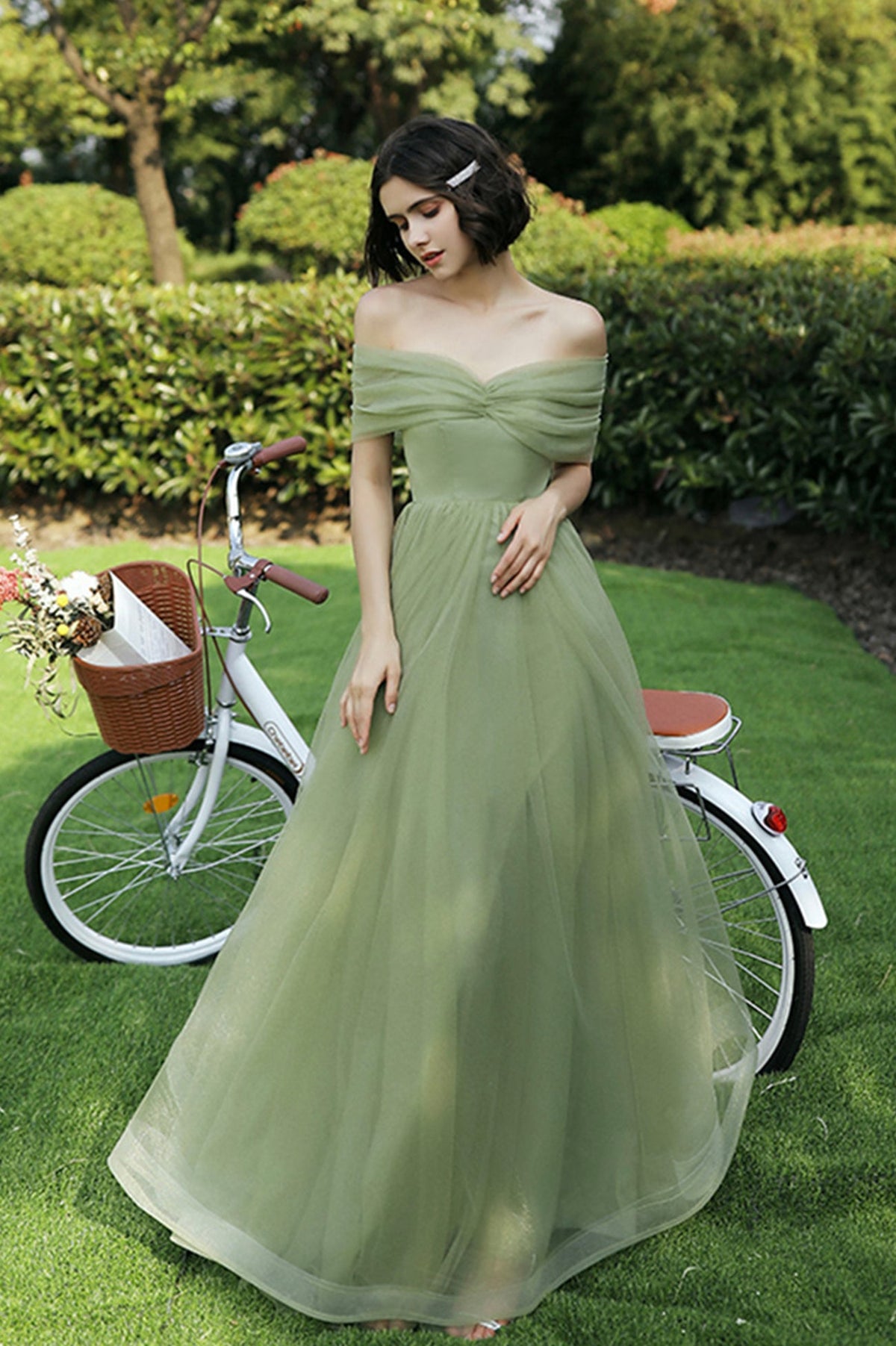 Green Tulle Long Prom Dresses, A-Line Evening Dresses