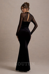 Black Velvet Bodycon Split Maxi Dress With Sheer Sleeves