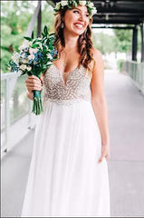 Boho White Chiffon Beading Beach Wedding Dress