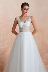 Princess Long A-line Sheer Back Floral White Wedding Dress with Sequins