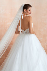 Long Halter A-line Ball Gown White Wedding Dress with Lace