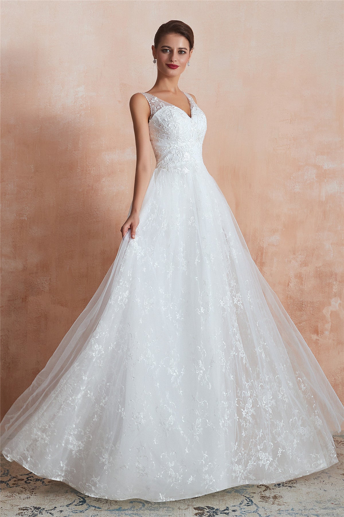 Long V-Neck A-line Empire White Wedding Dress with Lace