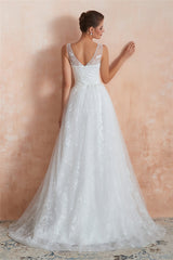 Long V-Neck A-line Empire White Wedding Dress with Lace