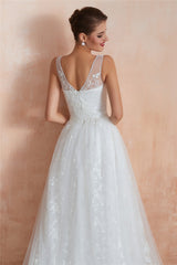 Long V-Neck A-line Empire White Wedding Dress with Lace