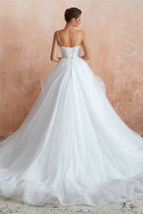 Long Lace-Up Back A-line Straps White Wedding Dress with Lace