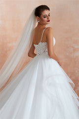 Long Lace-Up Back A-line Straps White Wedding Dress with Lace