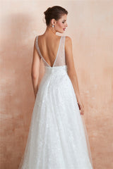 Long A-Line Floral Appliqued White Bridal Dress with Crystals