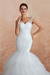 Long Lace-Up Back Mermaid White Wedding Dress with Layered Train