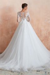 Princess 3/4 Sleeves Long A-line White Wedding Dress with Lace