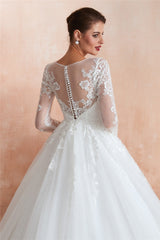 Princess 3/4 Sleeves Long A-line White Wedding Dress with Lace